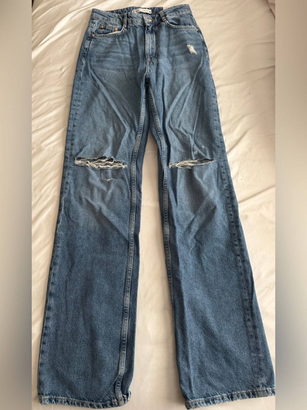 Zara Blue Straight Leg Jeans with Knee Distressing
